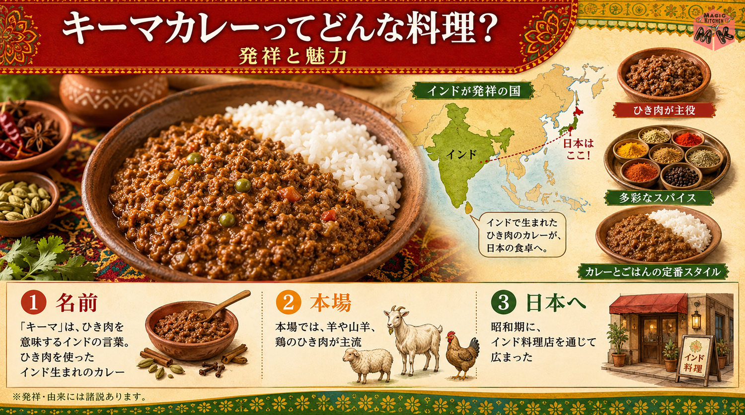 キーマカレーの発祥と由来を示す図解