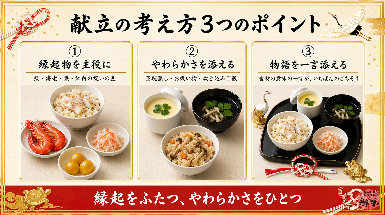 敬老の日の献立の考え方3つのポイントの図解
