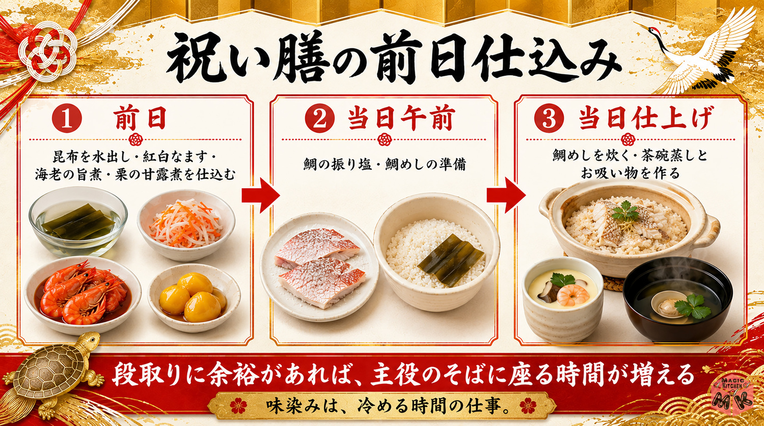 海老の旨煮とだしの段取りの図解