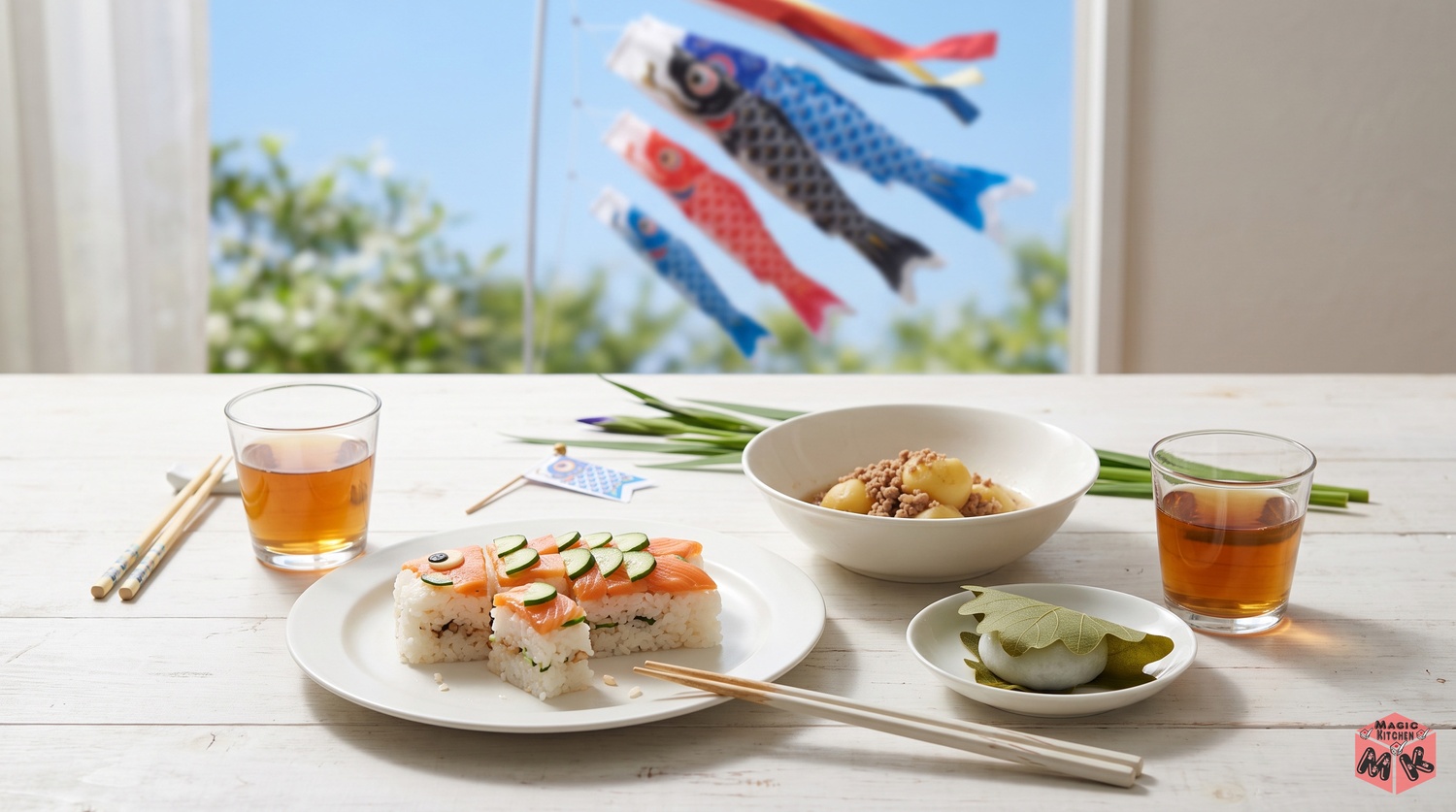 五月晴れの空の下のこどもの日の食卓のイメージ