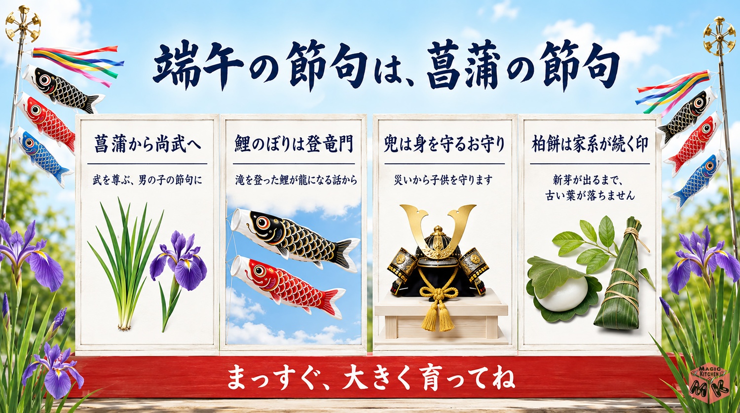 こどもの日の由来と鯉のぼり柏餅のいわれの図解