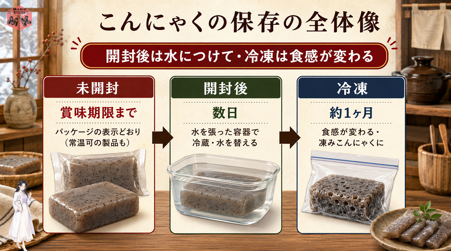 こんにゃくの保存方法の全体像インフォグラフィック