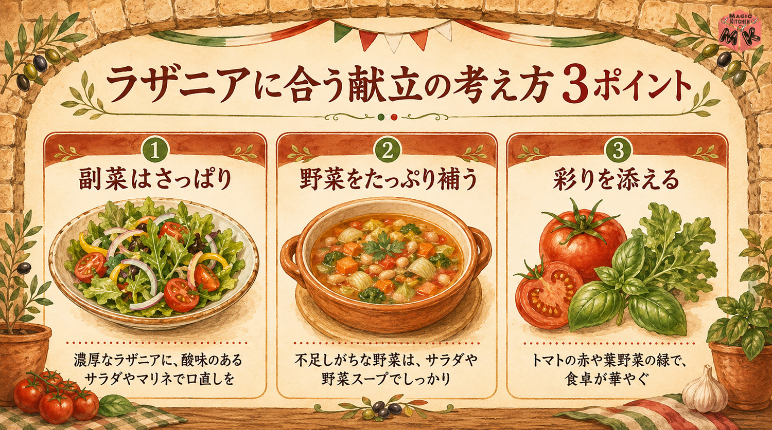 ラザニアに合う献立の考え方3ポイント図解