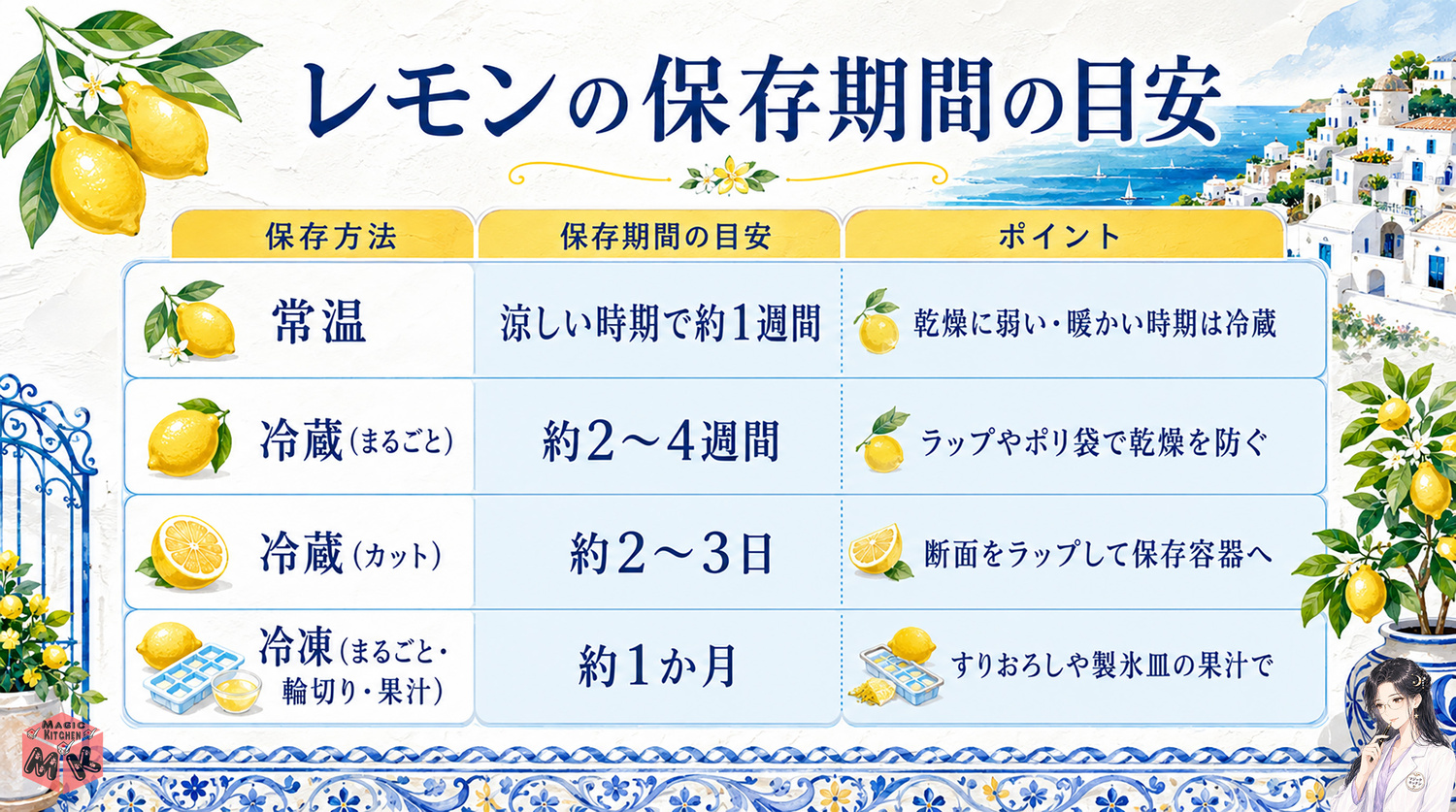 レモンの保存期間の早見表