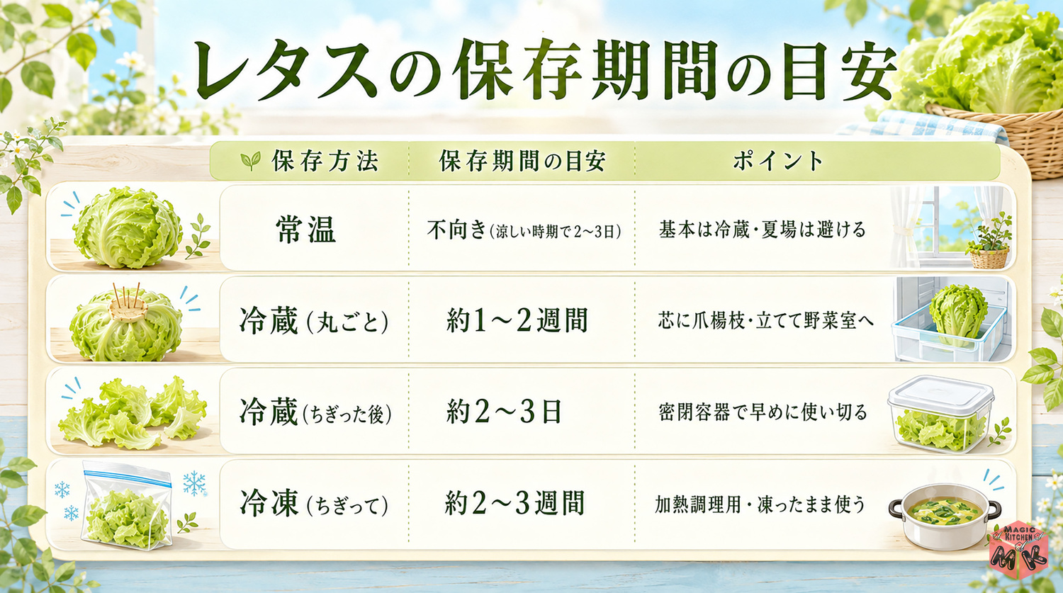 レタスの保存期間の早見表
