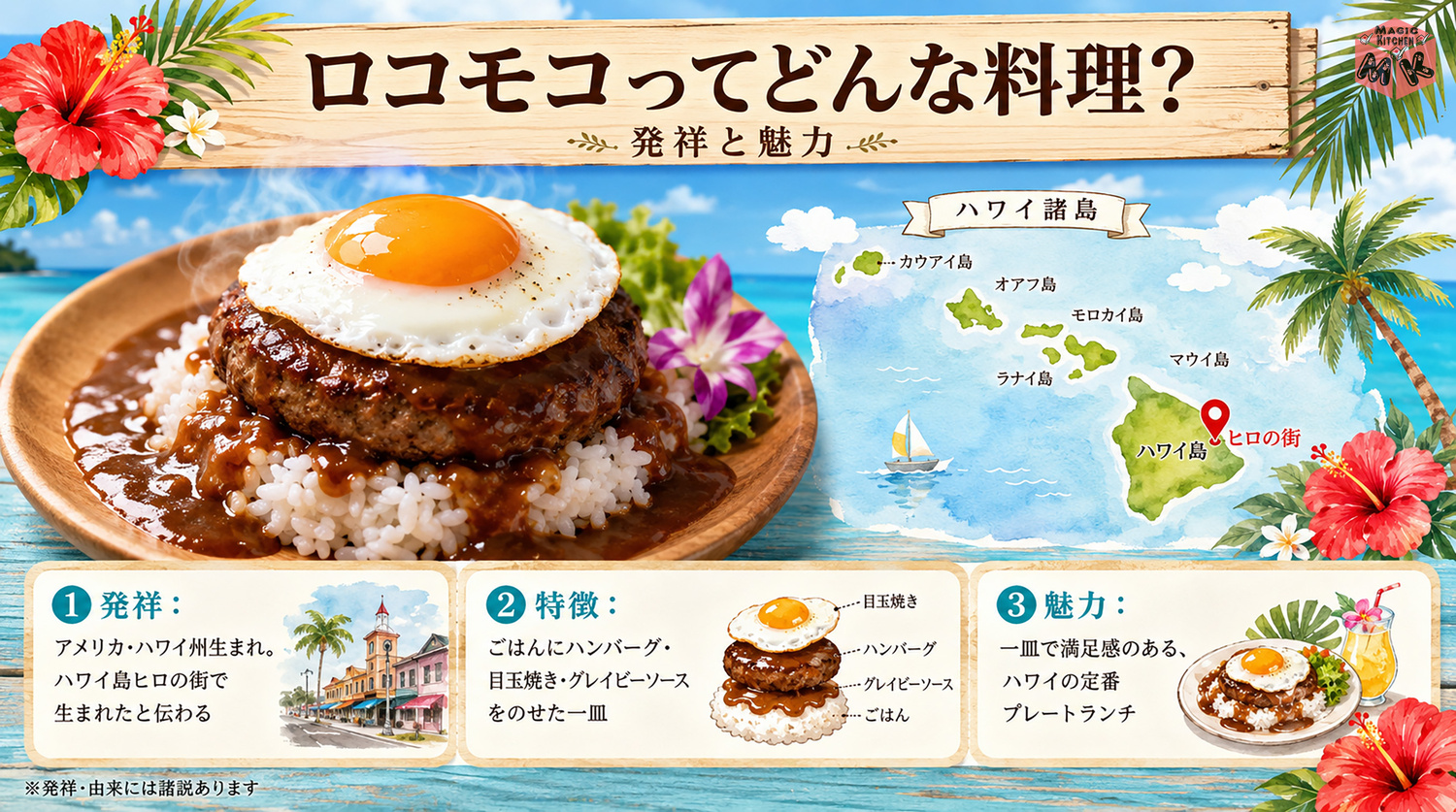 ロコモコの発祥と由来を示す図解