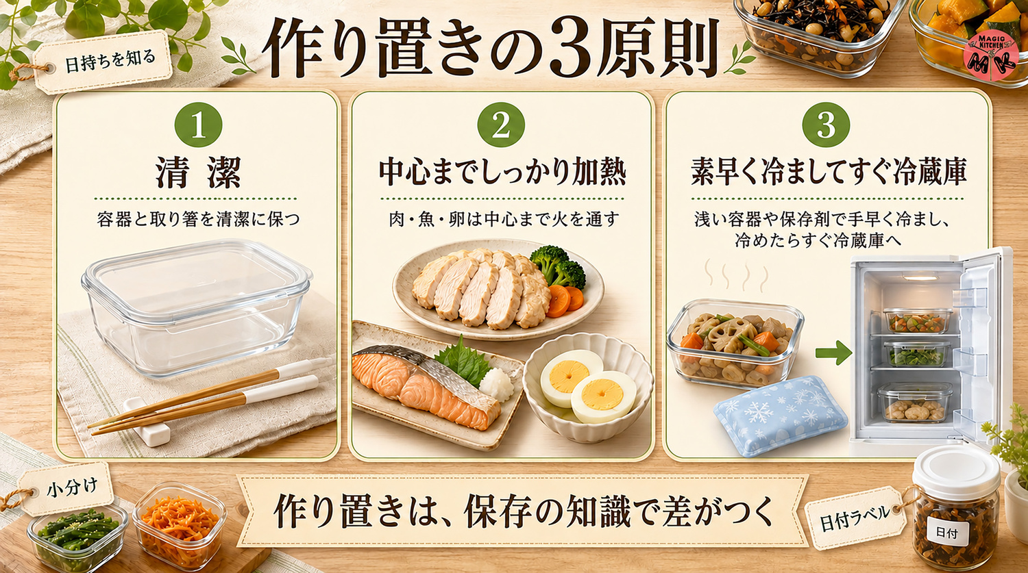 作り置きのコツの全体像インフォグラフィック