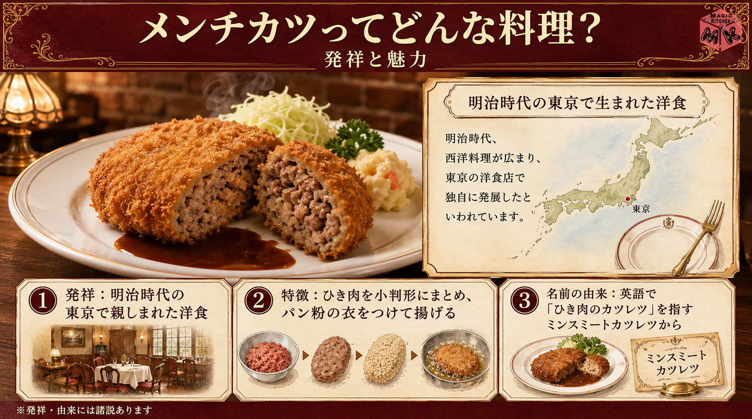 メンチカツの発祥と由来を示す図解