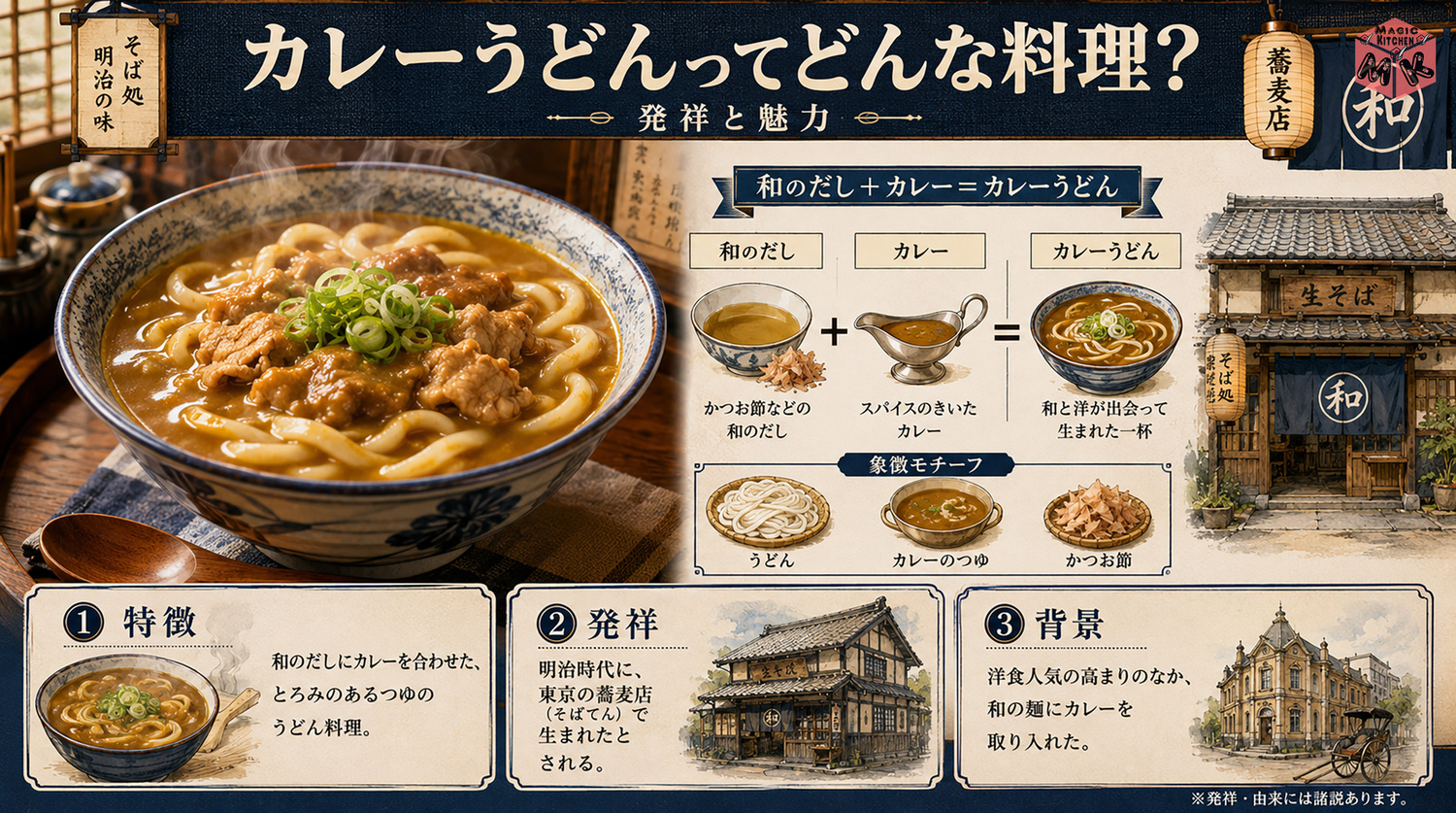 カレーうどんの発祥と由来を示す図解