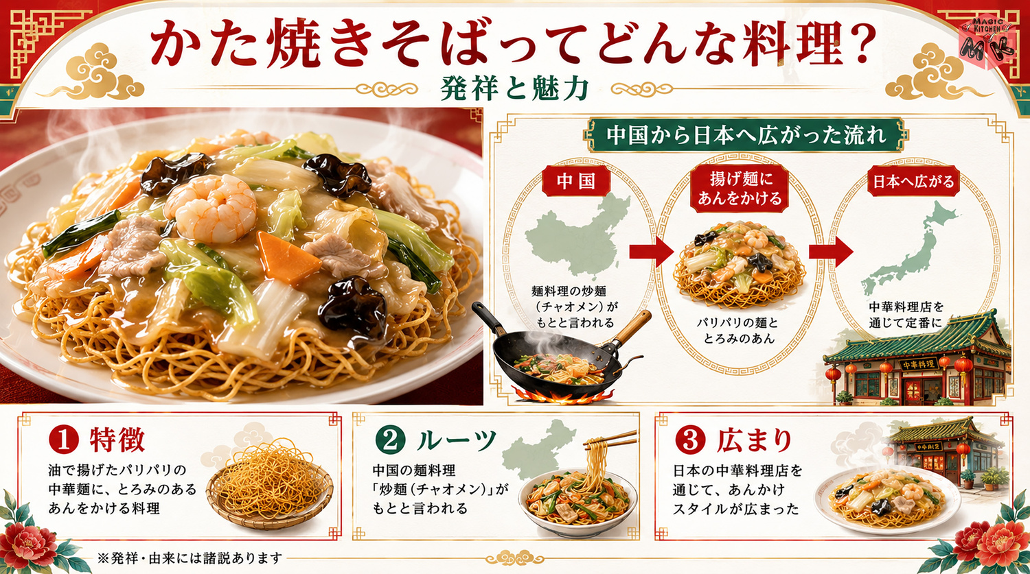 かた焼きそばの発祥と由来を示す図解