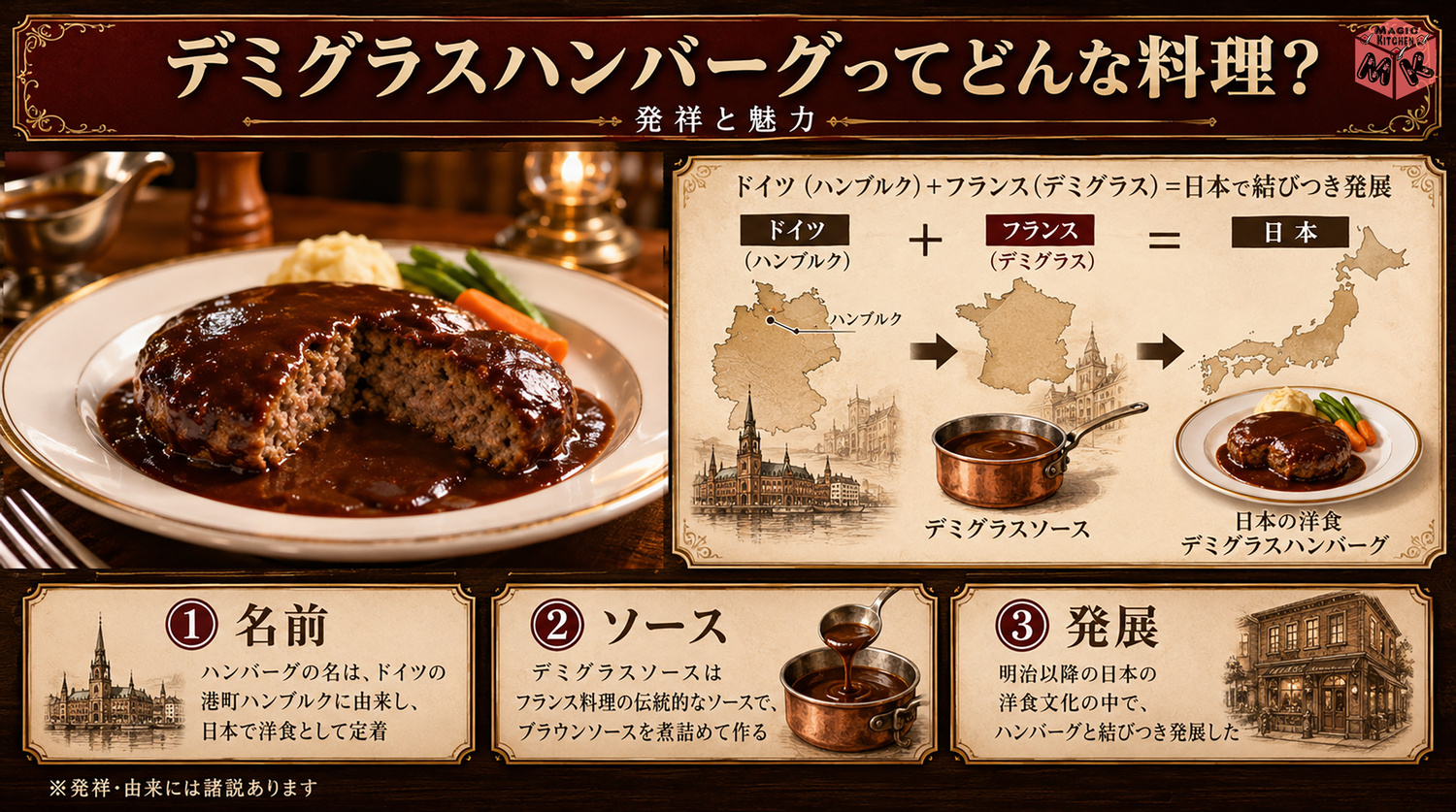 デミグラスハンバーグの発祥と由来を示す図解