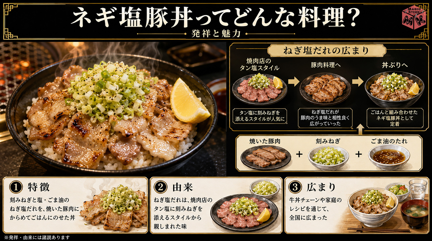 ネギ塩豚丼の発祥と由来を示す図解