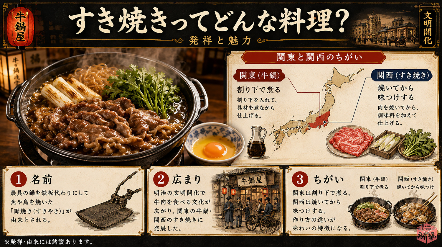 すき焼きの発祥と由来を示す図解