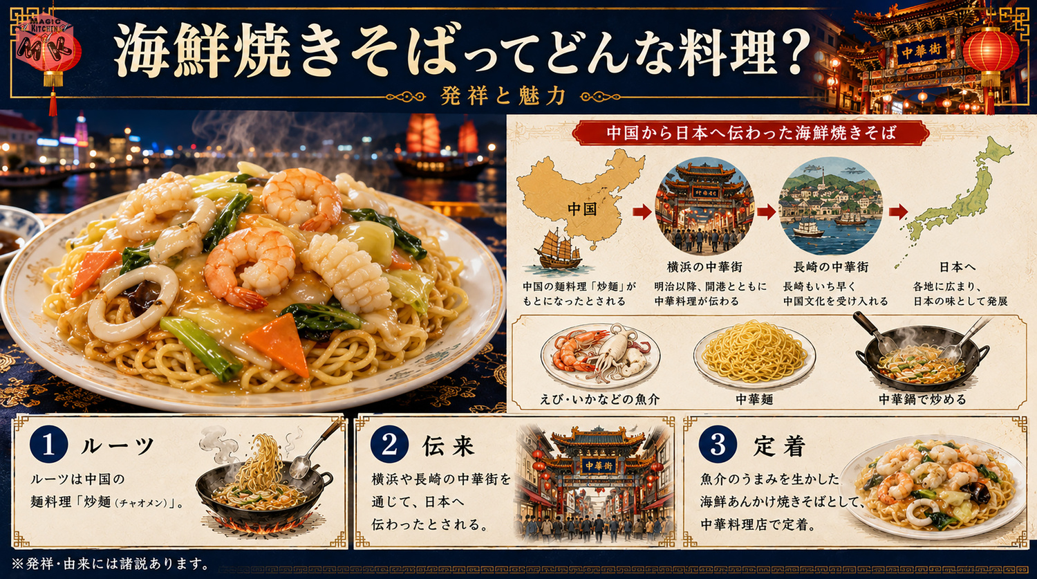 海鮮焼きそばの発祥と由来を示す図解