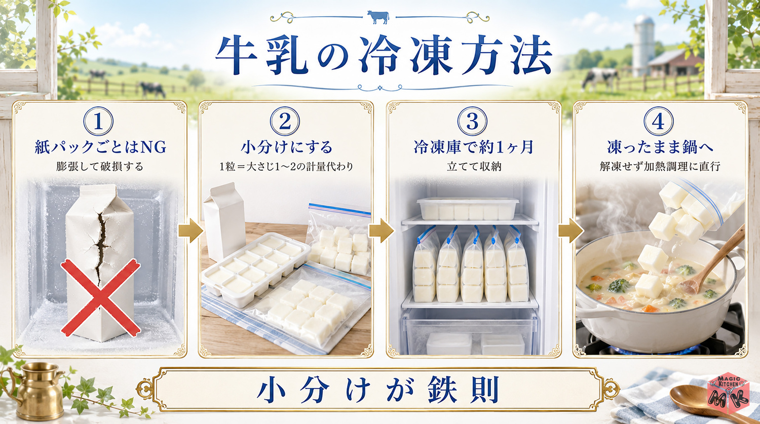 牛乳の冷凍方法の工程図