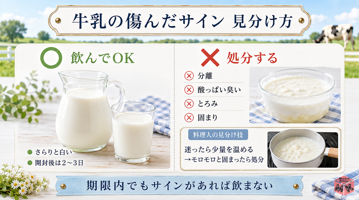 牛乳の傷んだサインとやってはいけない保存の見分け図