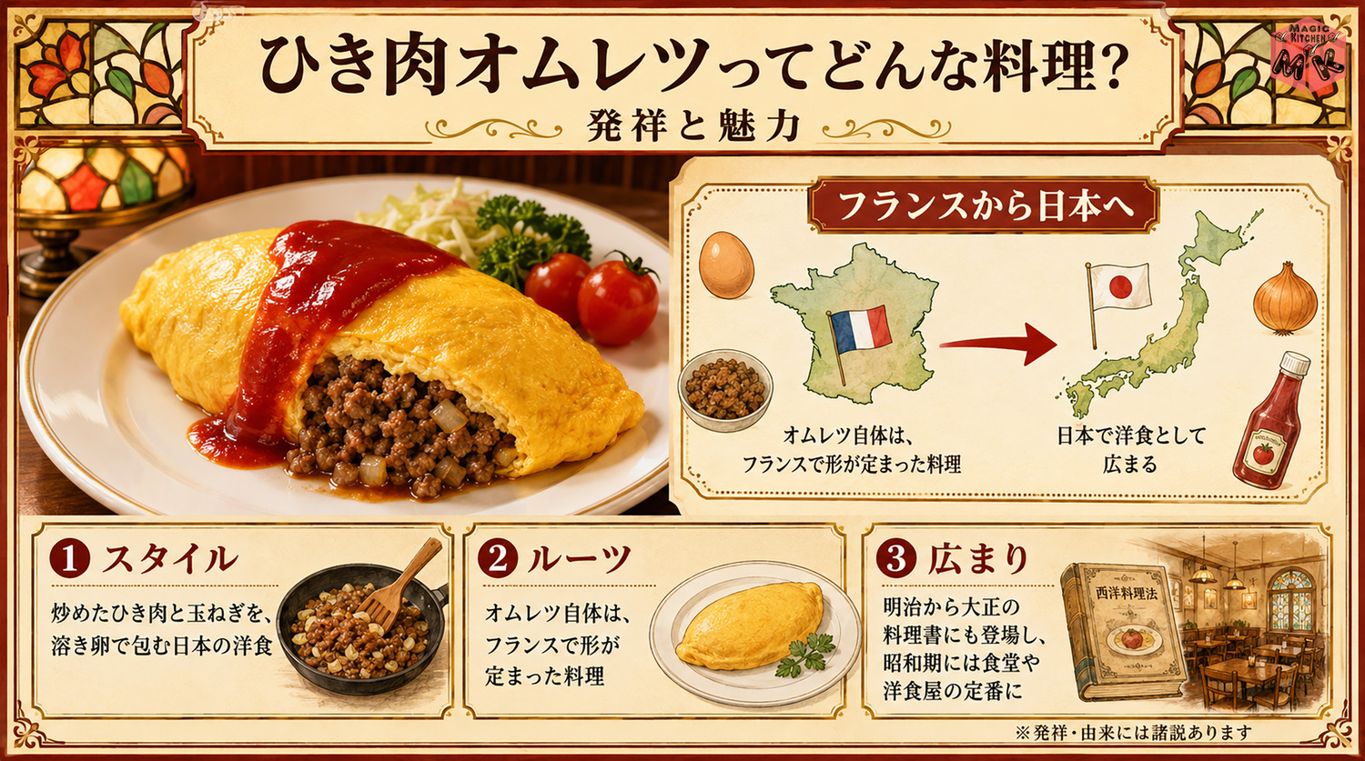 ひき肉オムレツの発祥と由来を示す図解