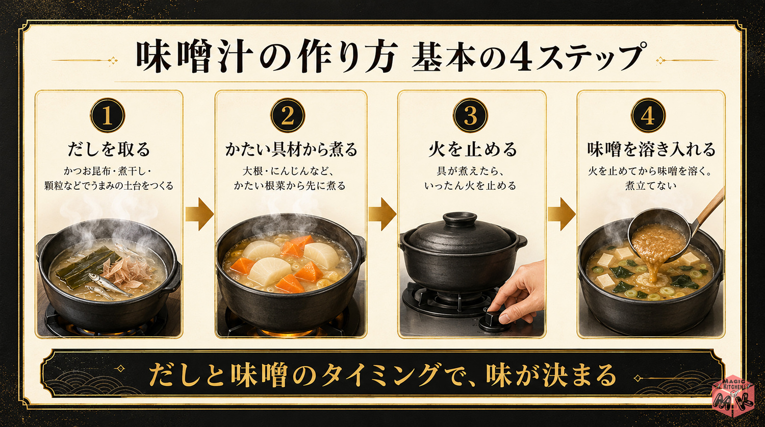 味噌汁の作り方の全体像インフォグラフィック