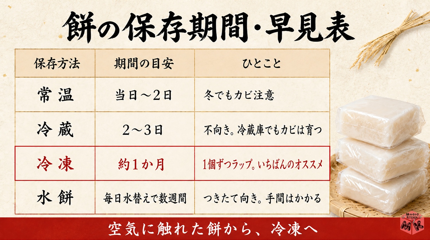餅の保存期間早見表(常温・冷蔵・冷凍・水餅の目安)
