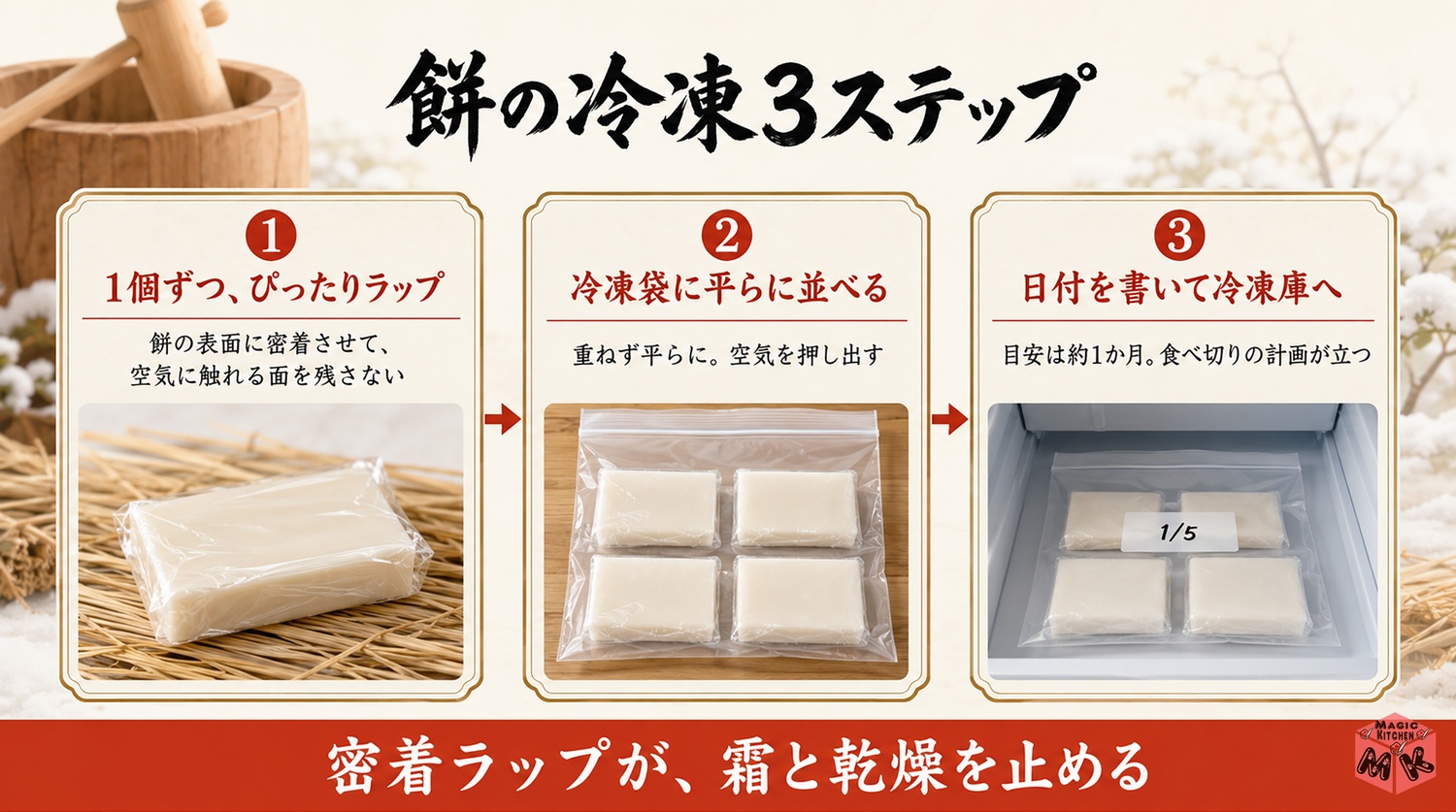 餅を1個ずつラップで冷凍する3ステップの工程図