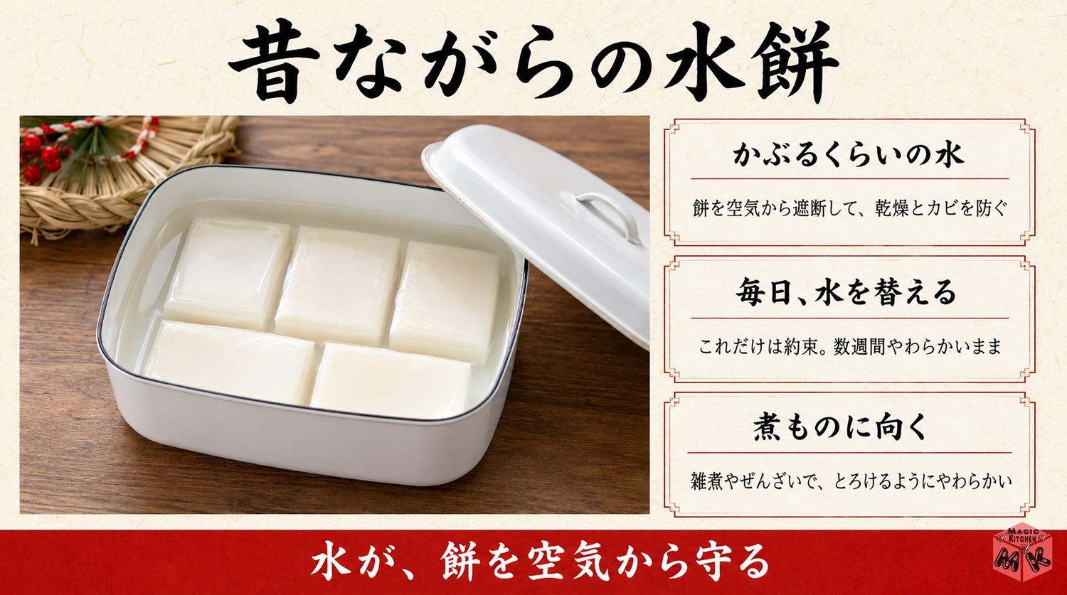 昔ながらの水餅の保存方法(水を張って毎日水替え)の図解