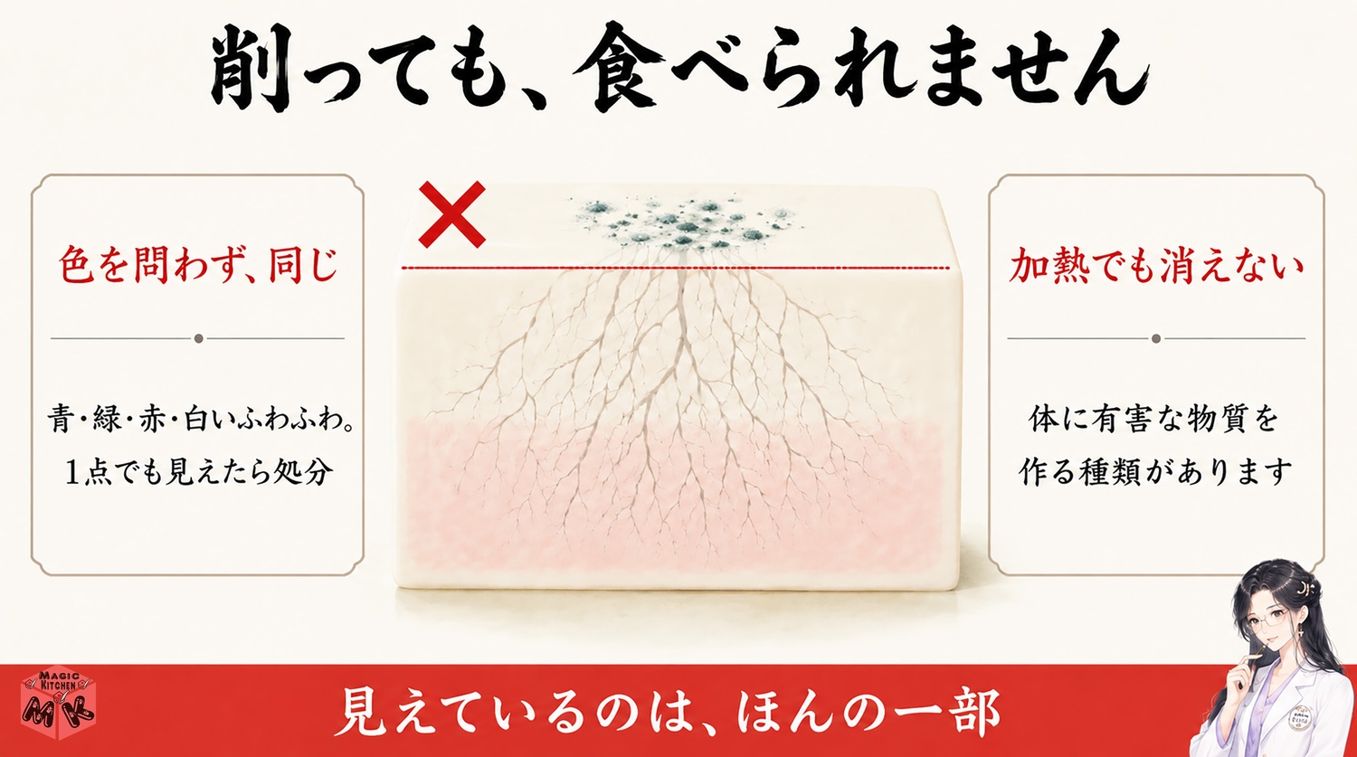 餅のカビは削っても食べられない理由の断面図解