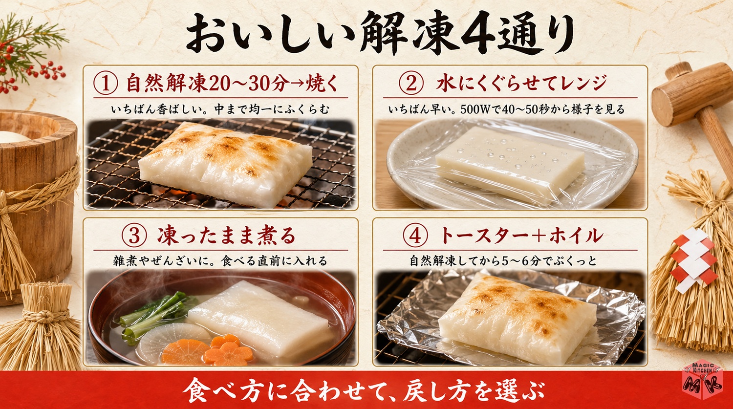 冷凍餅のおいしい解凍4通り(焼く・レンジ・煮る・トースター)の図解