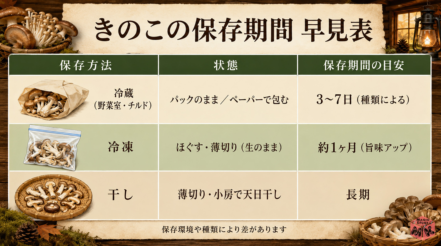 きのこの保存期間早見表