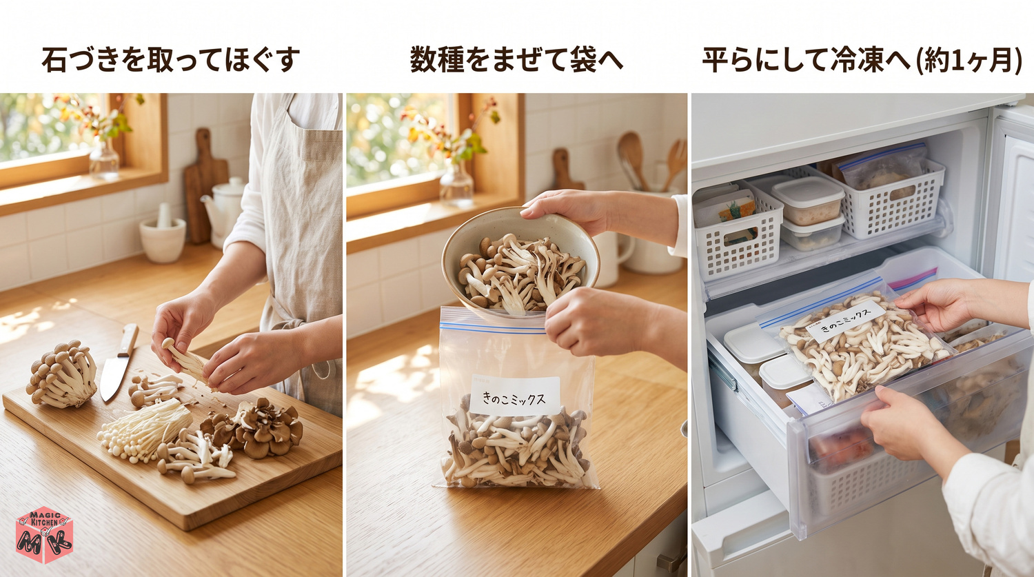 きのこの冷凍保存 ほぐしてミックス
