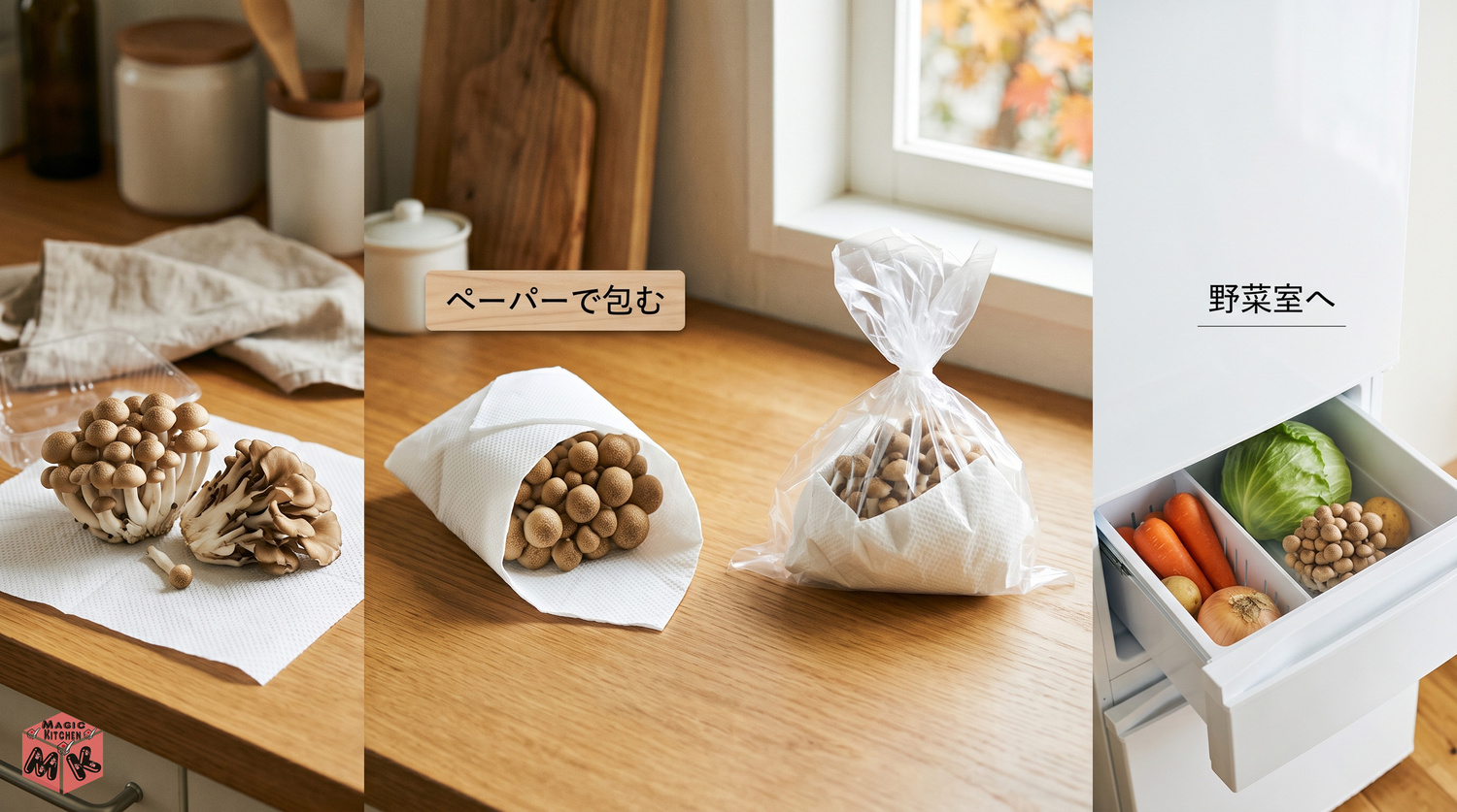 きのこの冷蔵保存 ペーパーで包む