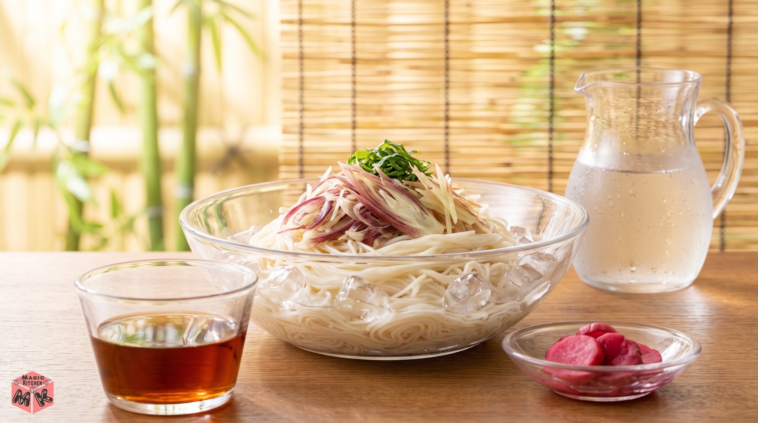 みょうがの薬味のある食卓の締めの実写