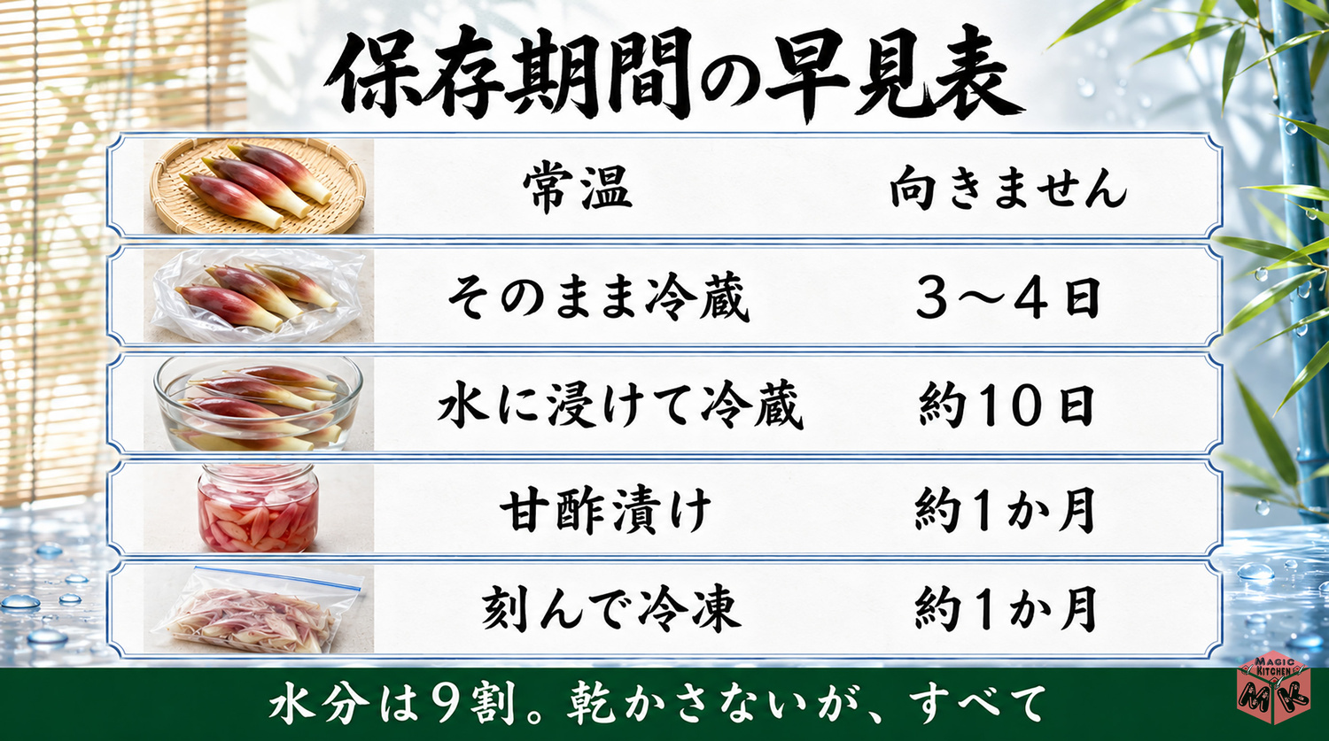 みょうがの保存期間の早見表