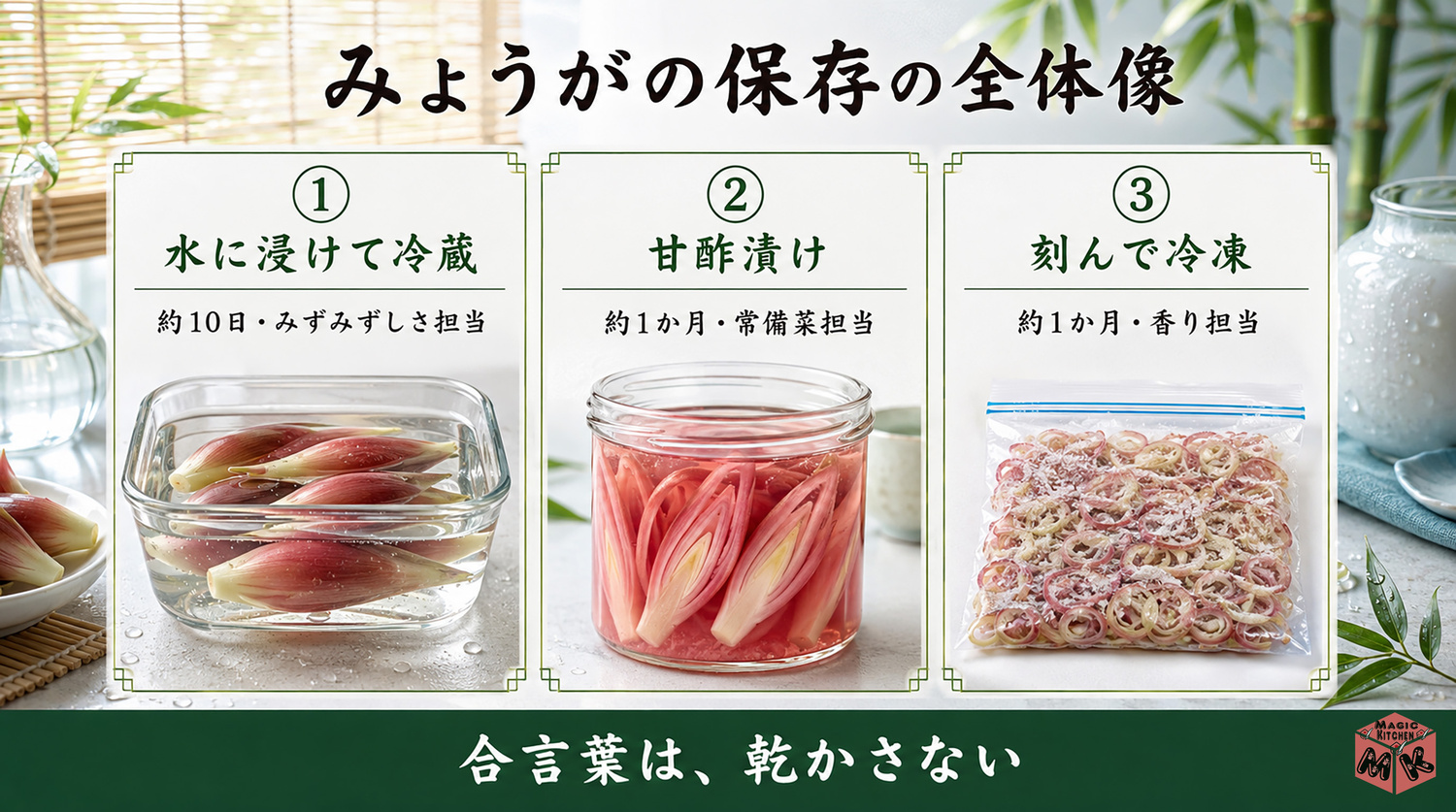 みょうがの保存方法の全体像インフォグラフィック