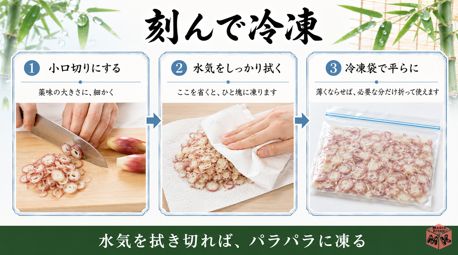 みょうがを刻んで冷凍する方法の図解
