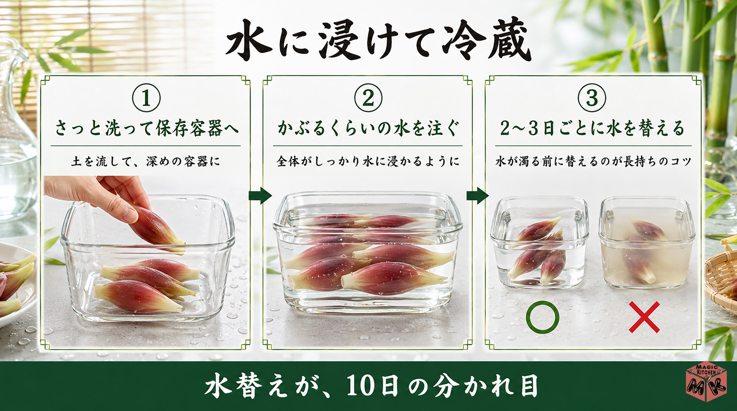 みょうがを水に浸けて冷蔵する方法の図解