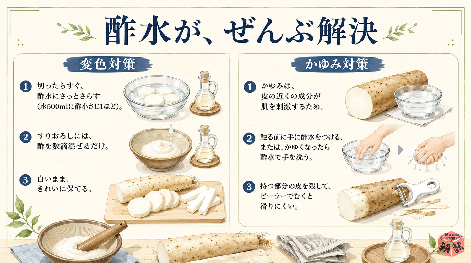 長芋の変色とかゆみを酢水で防ぐ対策