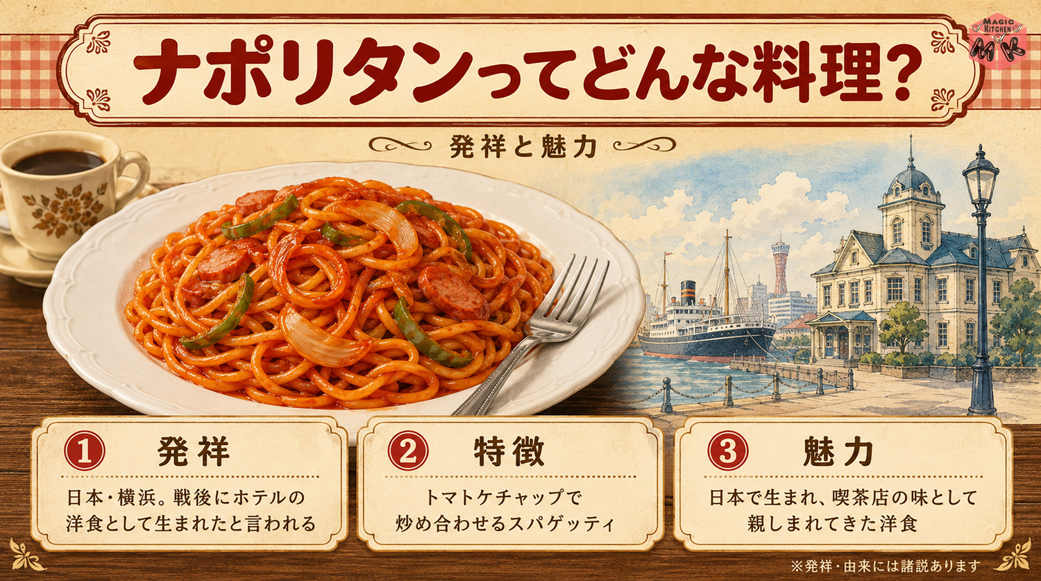ナポリタンの発祥と由来を示す図解