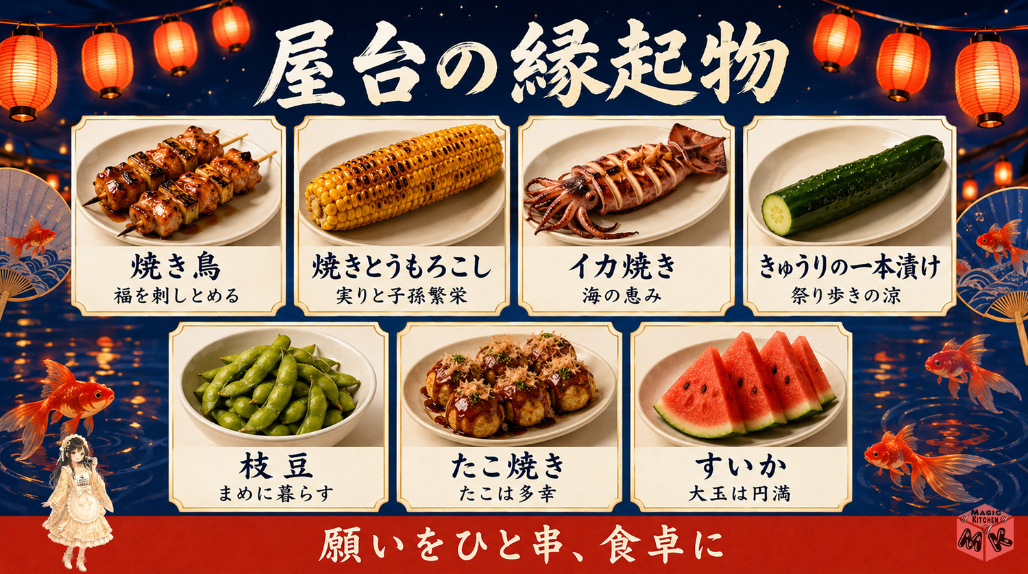 夏祭りの献立の縁起物の物語一覧の図解