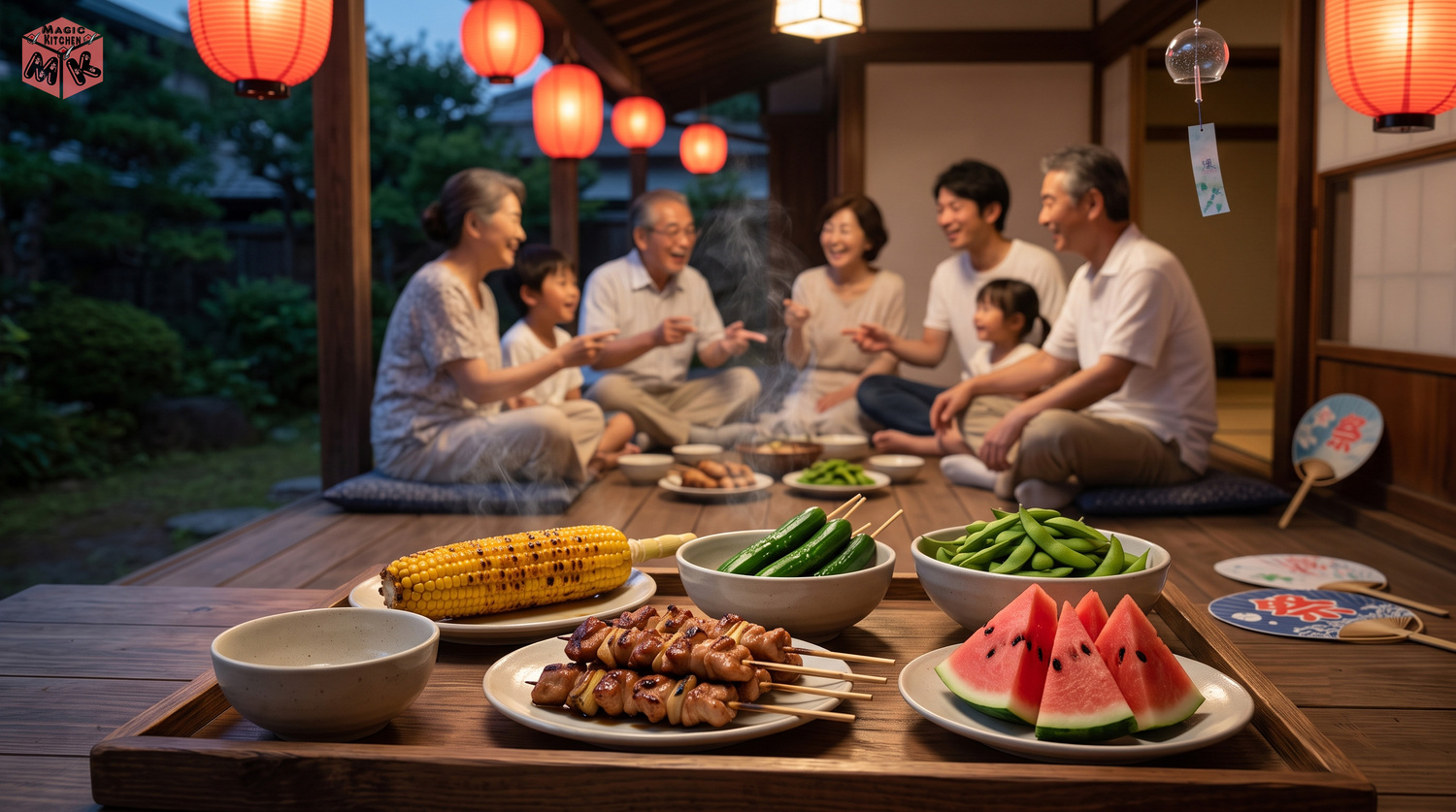 家族で囲むおうち夏祭りの食卓の締めの実写