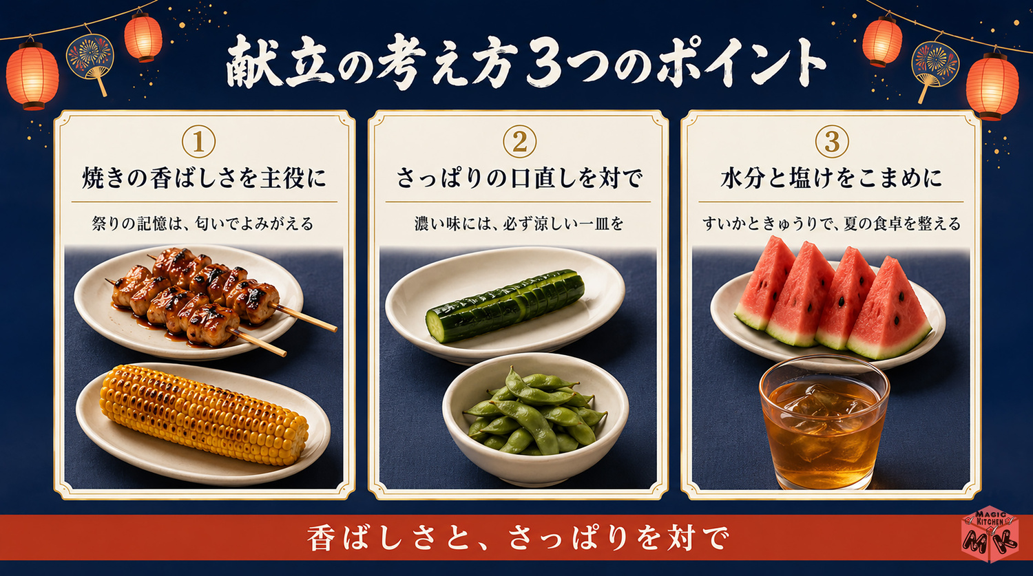 夏祭りの献立の考え方3つのポイントの図解