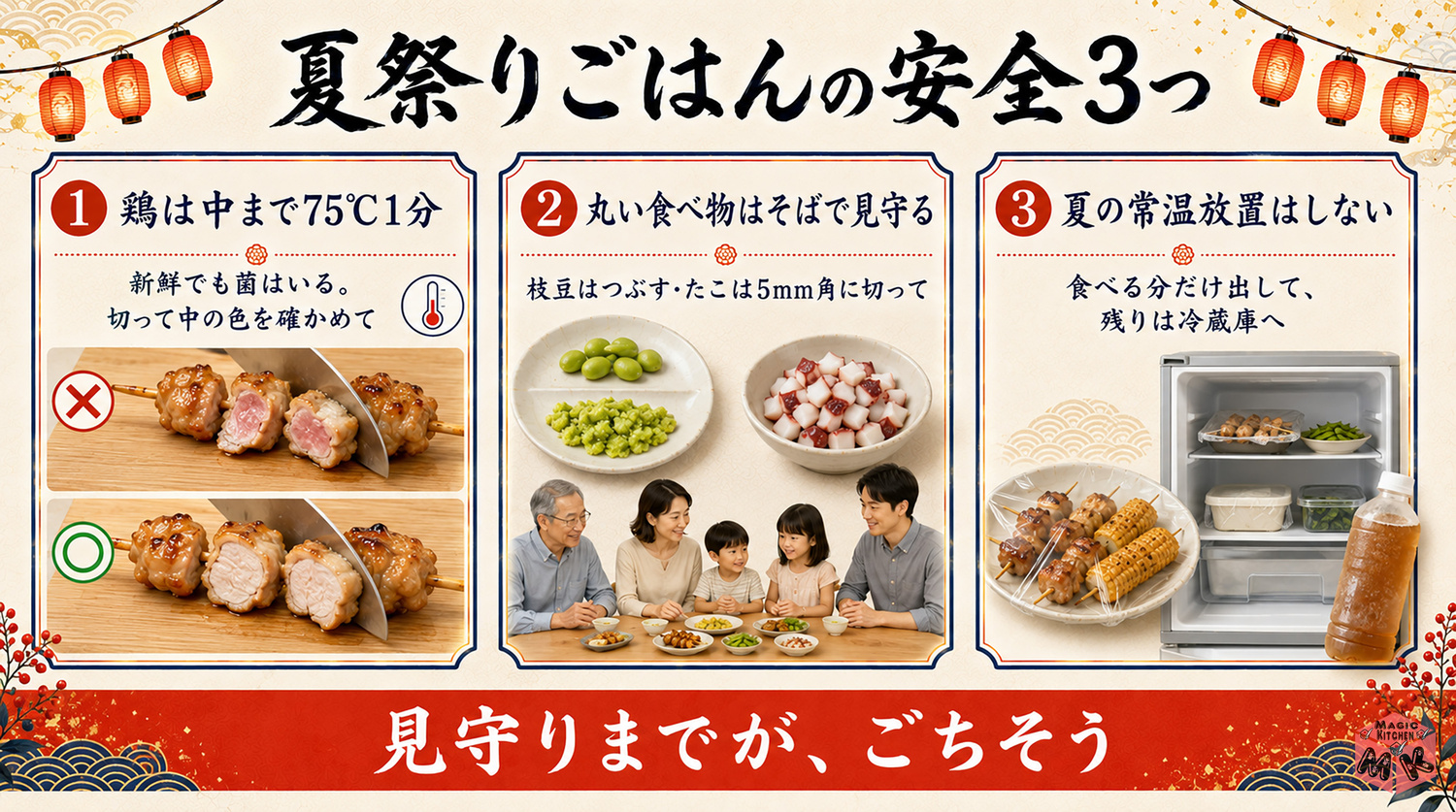 夏祭りごはんの安全対策3つをまとめた図解
