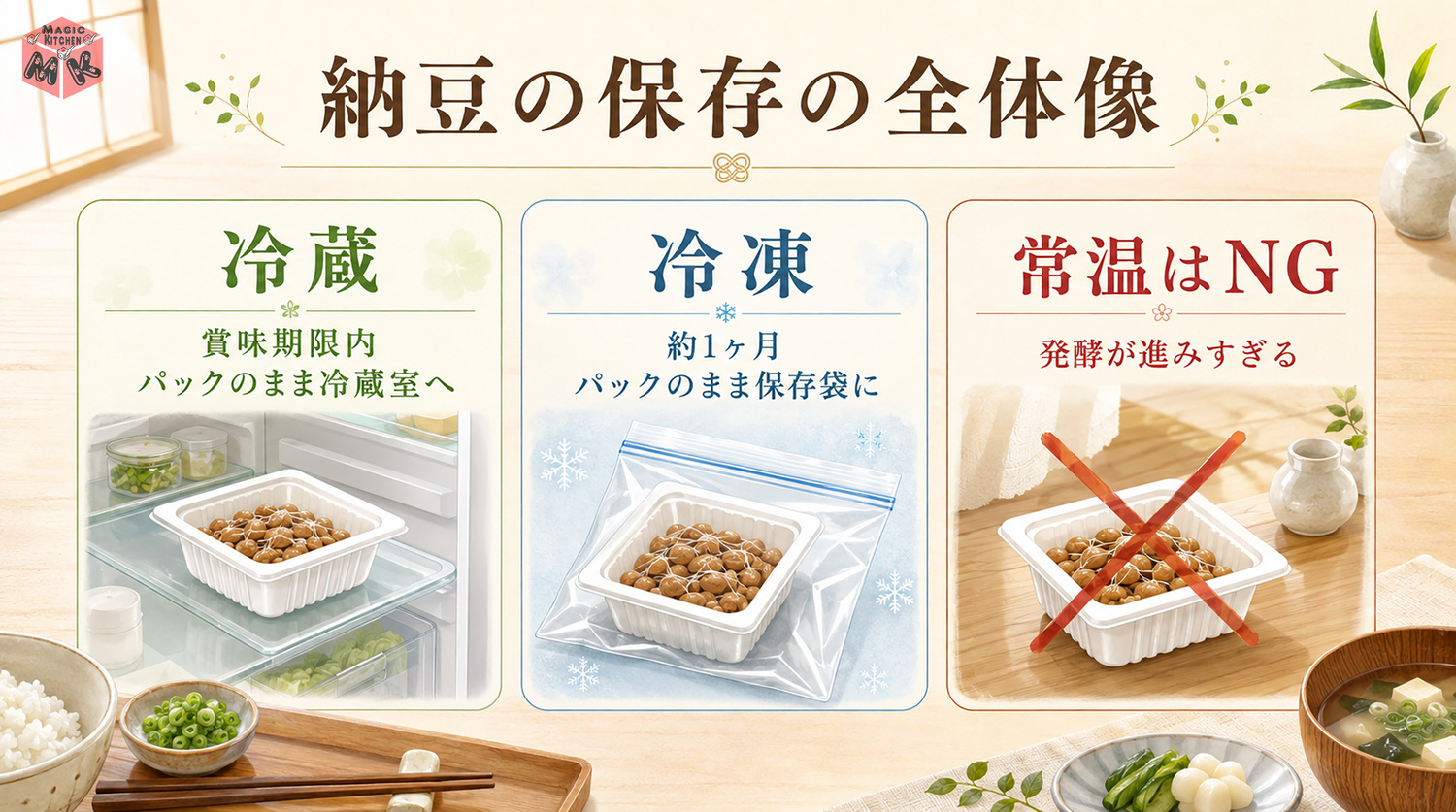 納豆の保存方法の全体像インフォグラフィック