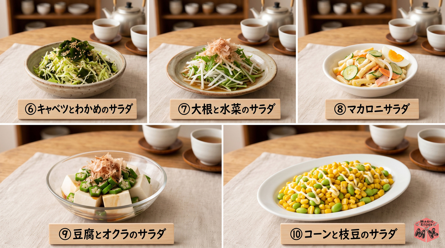 肉じゃがに合うサラダ5選の料理写真コラージュ