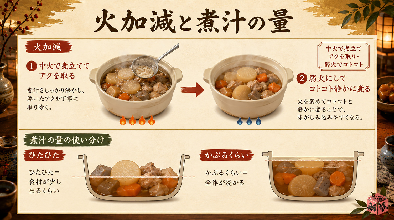 火加減と煮汁の量