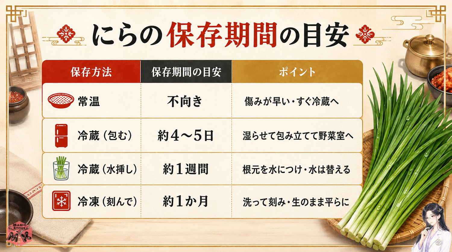 にらの保存期間の早見表