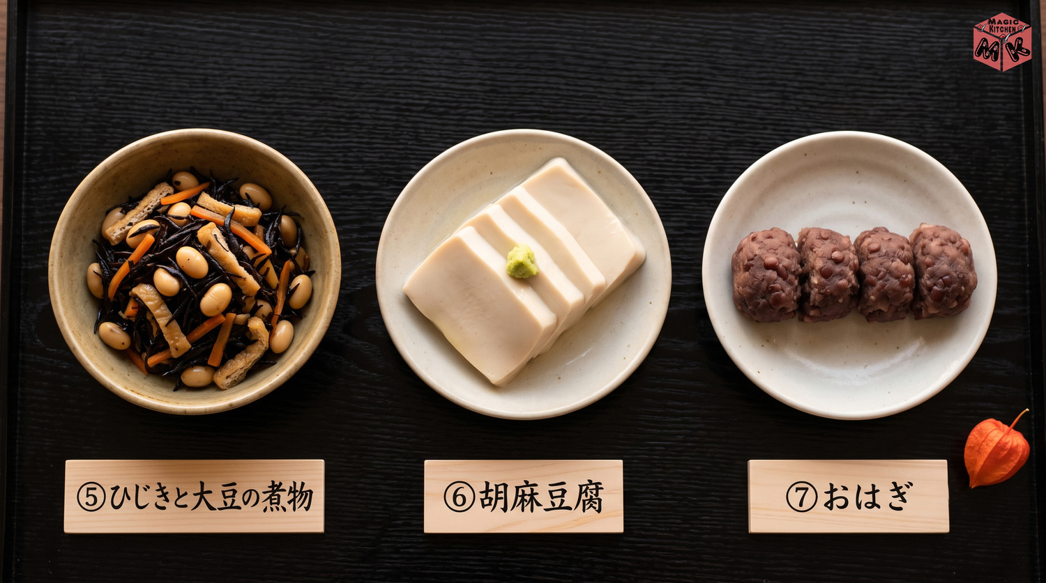 お盆の鉢物と甘味3品のコラージュ