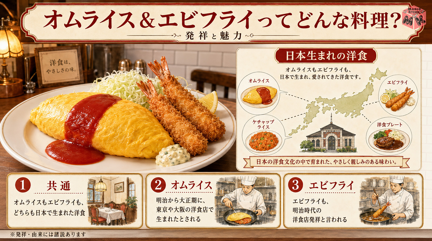 オムライス&エビフライの発祥と由来を示す図解