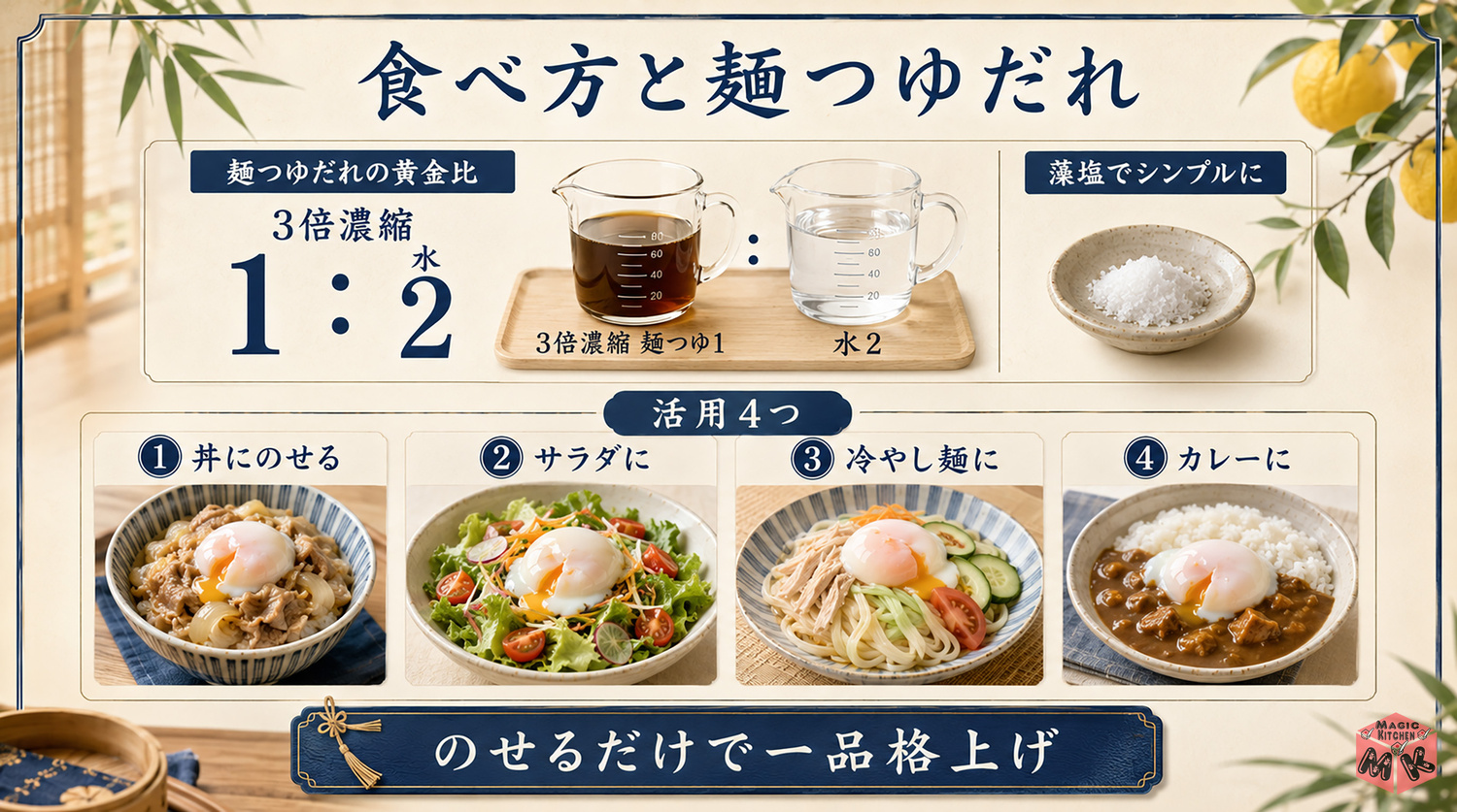 温泉卵の食べ方とたれの図解