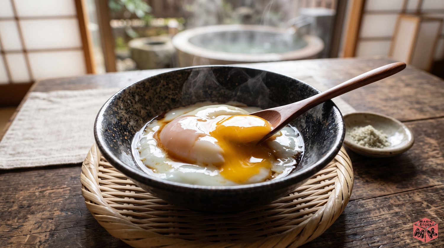 温泉卵をのせた丼の完成写真