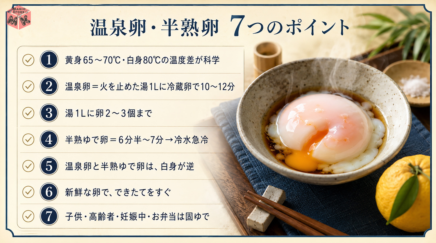 温泉卵の作り方の7つのポイントまとめビジュアル